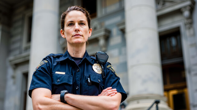 A police officer stands in front of a building with her arms crossed