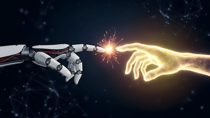 Naklejka premium A robotic hand and a human hand touching with a bright light between them in a dark space with stars