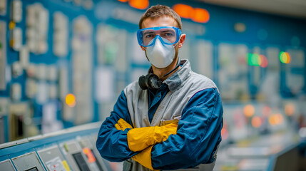 A man wearing a blue and yellow jacket blue goggles and a white mask stands in front of a blue wall with various lights