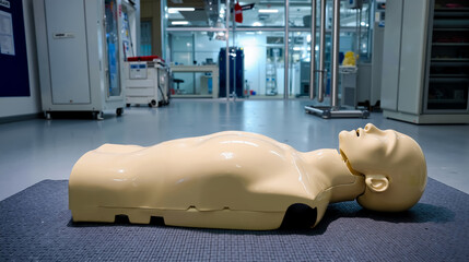 A mannequin is lying on the floor in a room with medical equipment