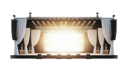Illuminated stage with curtains isolated on transparent background, isolated on white background, illustration