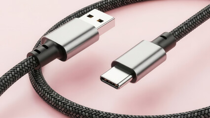 A detailed close-up of a braided charging cable (USB-C to USB-A) with a strong, durable design, against a pink background