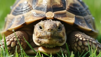 Naklejka premium Close-up of a curious tortoise with dewdrops on its shell, peeking through lush green grass.