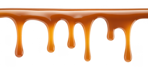 Dripping caramel sauce golden sticky sweet isolated on a transparent background