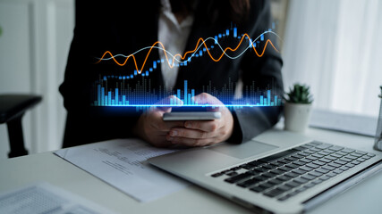 A business professional examines data on a smartphone within a modern office. Visual financial graphs overlay the scene, highlighting investment trends and insights. Scalp