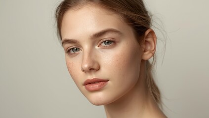Fototapeta premium Acne-afflicted young woman against a pale backdrop.png