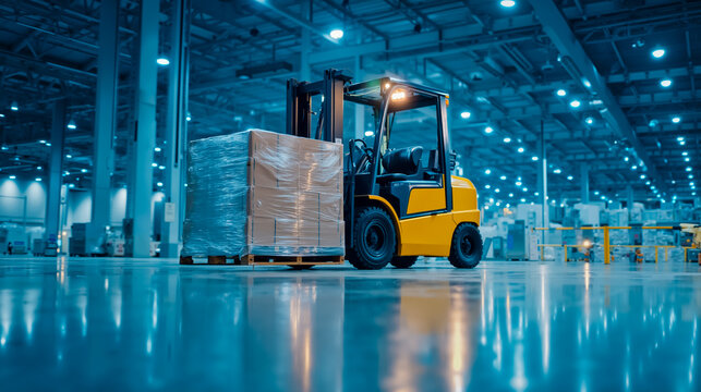 A yellow forklift with a pallet wrapped in plastic