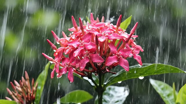 Beautiful Pink Ixora Flowers Blooming in the Gentle Rain.