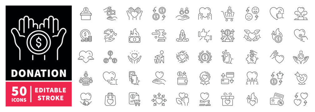 Charity and donation icons set. editable line icons, outline, fundraising symbols