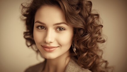 Naklejka premium Image of a beautiful young woman with curly hair in sepia.png
