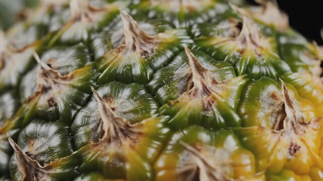 Closeup of a pineapple skin texture showing its unique pattern and vibrant colors.
