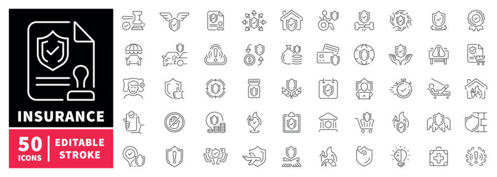 Insurance icons set. editable line icons, outline, protection and security symbols
