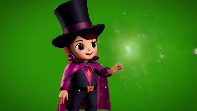 Cute cartoon magician character in purple costume on green background