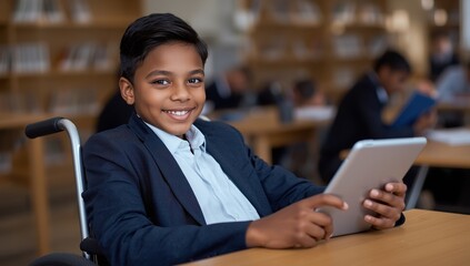 Image of a handicapped boy in a wheelchair using a tablet in a school library.png