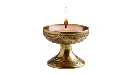 Lit candle in a golden candlestick on black flame isolated on a transparent background