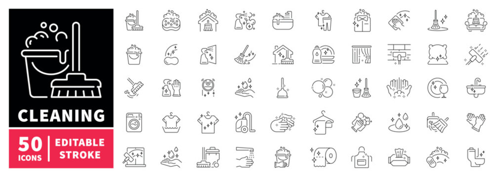 Cleaning icons set. editable line icons for housekeeping, household and hygiene