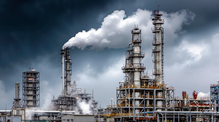 An industrial facility with multiple tall structures some of which are emitting smoke against a backdrop of a cloudy sky