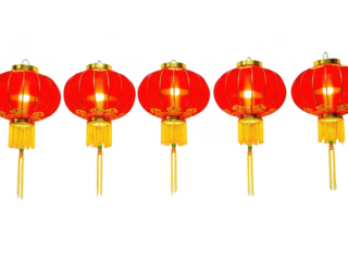 Five red chinese lanterns hanging in a row isolated on transparent background