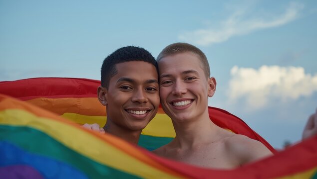 Image of joyful non-binary pair holding rainbow flag.png
