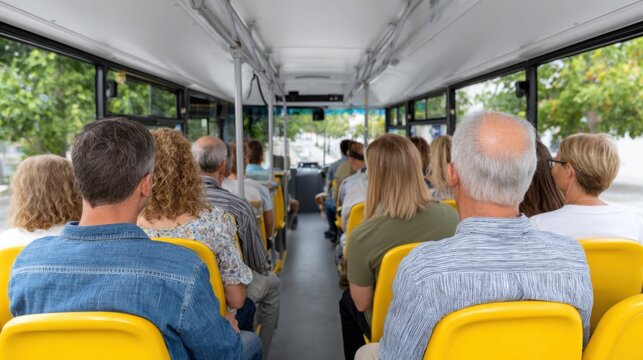 Passengers seated on a public bus with yellow seats, visible through large windows showcasing greenery and urban scenery during a daytime commute