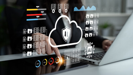 A business professional engages with a cloud technology interface showcasing cyber security elements on a sleek workspace, highlighting innovation and data interaction. Gantry