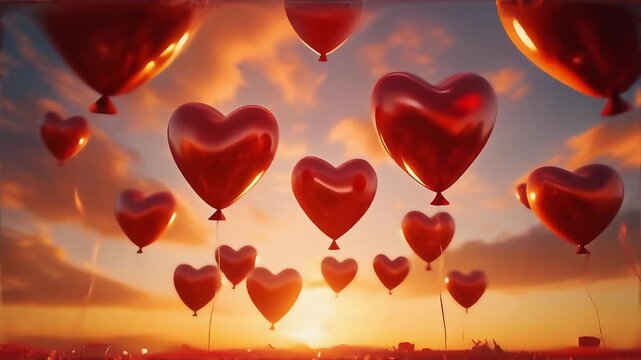 Heart shaped red balloons floating in sunset sky