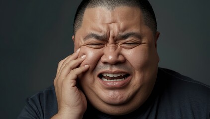 Fototapeta premium Portrait of an overweight Asian man touching his cheek in pain from a toothache.png