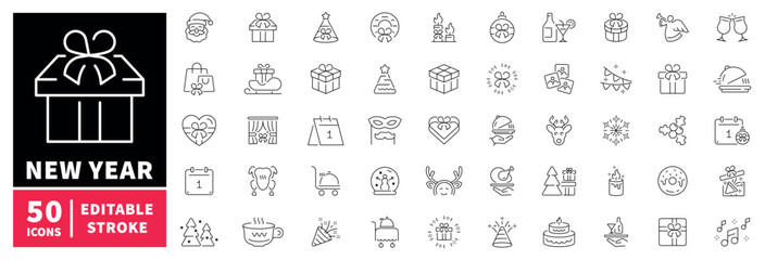 Obraz premium New year icons set. editable line icons, outline, celebration, festival symbols