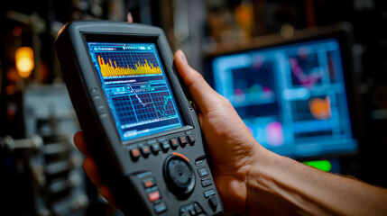 A hand holding a device with a screen displaying a graph