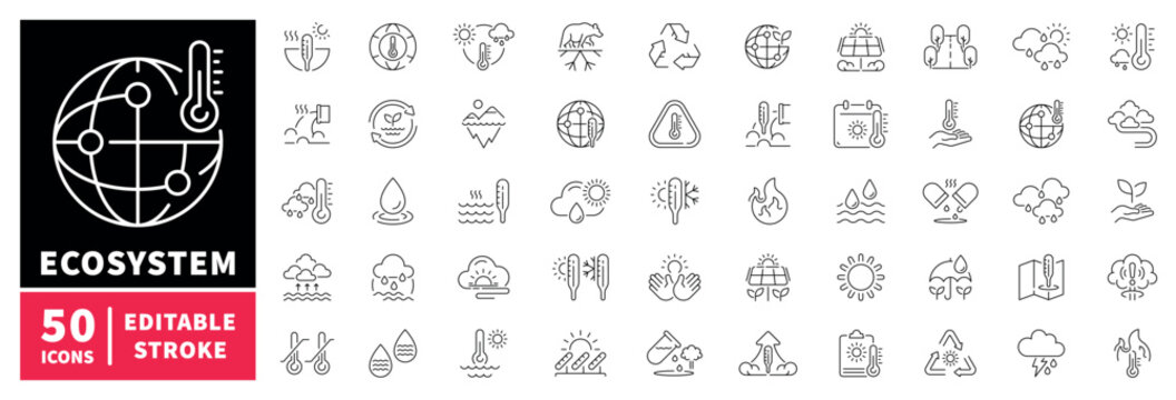 Ecosystem icons set . editable line icons, outline, environment and nature symbols