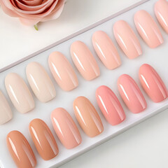 Glossy acrylic nail samples in nude and pink tones, neatly arranged.
