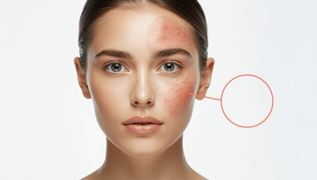 Young woman with facial couperose; close-up highlights skin issues. Isolated on white.png