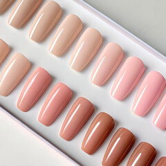 Glossy acrylic nail samples in nude and pink tones, neatly arranged.