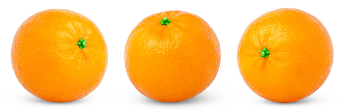 Collection of ripe tangerine fruits isolated. Set of ripe mandarin orange citrus fruits with clipping path. Different view of fresh clementine .