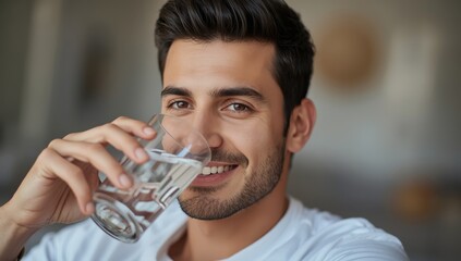 Close-up of a cheerful young Arab man enjoying a glass of mineral water at home, with space around him.png