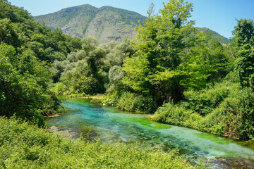 Turquoise spring water of Blue Eye Nature Monument near to Saranda, Albania
