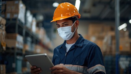 A young Indian male warehouse employee in his 30s, dressed in a mask and helmet, manages stock indoors in logistics during the COVID-19 pandemic.png