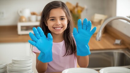 Happy young girl in a pink T-shirt, wearing blue gloves, ready to wash dishes by white plates in the kitchen.png