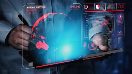 High-tech global network connection interface showing worldwide digital communication, data exchange, and internet connectivity. Global connection, data interaction, and worldwide communication. Thunk