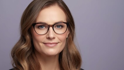 Obraz premium Image of an elegant, charming woman with wavy hair and glasses, set against a gray-violet backdrop.png