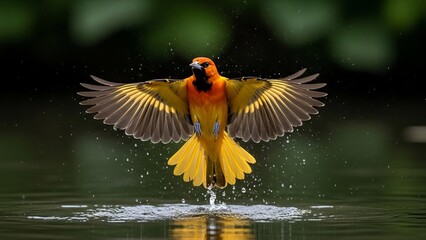 Fototapeta premium Vibrant orange bird takes flight from water, wings spread wide in a splash of nature's beauty.