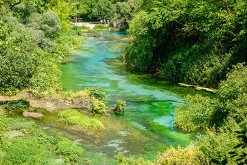 Turquoise spring water of Blue Eye Nature Monument near to Saranda, Albania