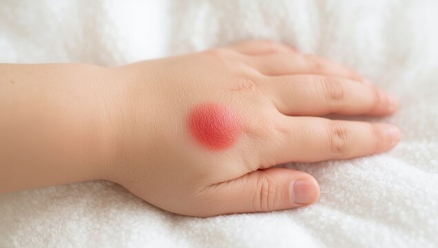 Red mark on hand. Child with hand, foot, and mouth disease, herpangina, day two of infection.png