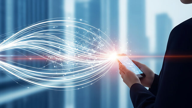 Person interacting with futuristic digital interface - Powered by Adobe