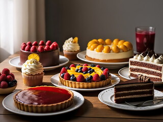 Colorful and delicious sweets and tarts on the table.