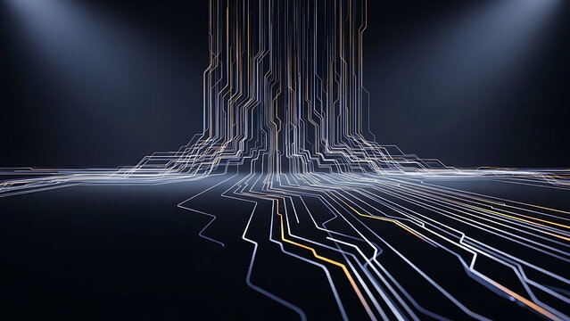 Futuristic digital landscape with glowing circuit lines and data streams - Powered by Adobe