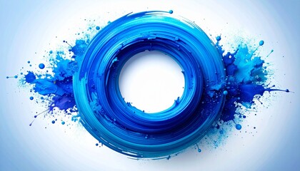 Circular abstract swirl in shades of blue with brushstroke textures and paint splashes on gradient background.