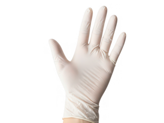 Hand wearing white disposable glove isolated on transparent background