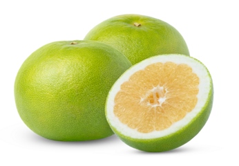 Two sweetie grapefruit or oroblanco, pomelo, pomelit fruits and a half of sweetie grapefruit.