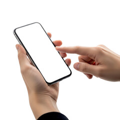 Hand holding and touching a smartphone screen isolated on transparent background